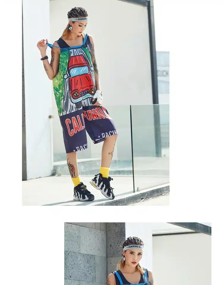 Pre-Sale 2018 Women Jumpsuits Overalls Off The Shoulder Strap Suspender Pants RACING Printed Hip Hop Dance Rompers Streetwear 13