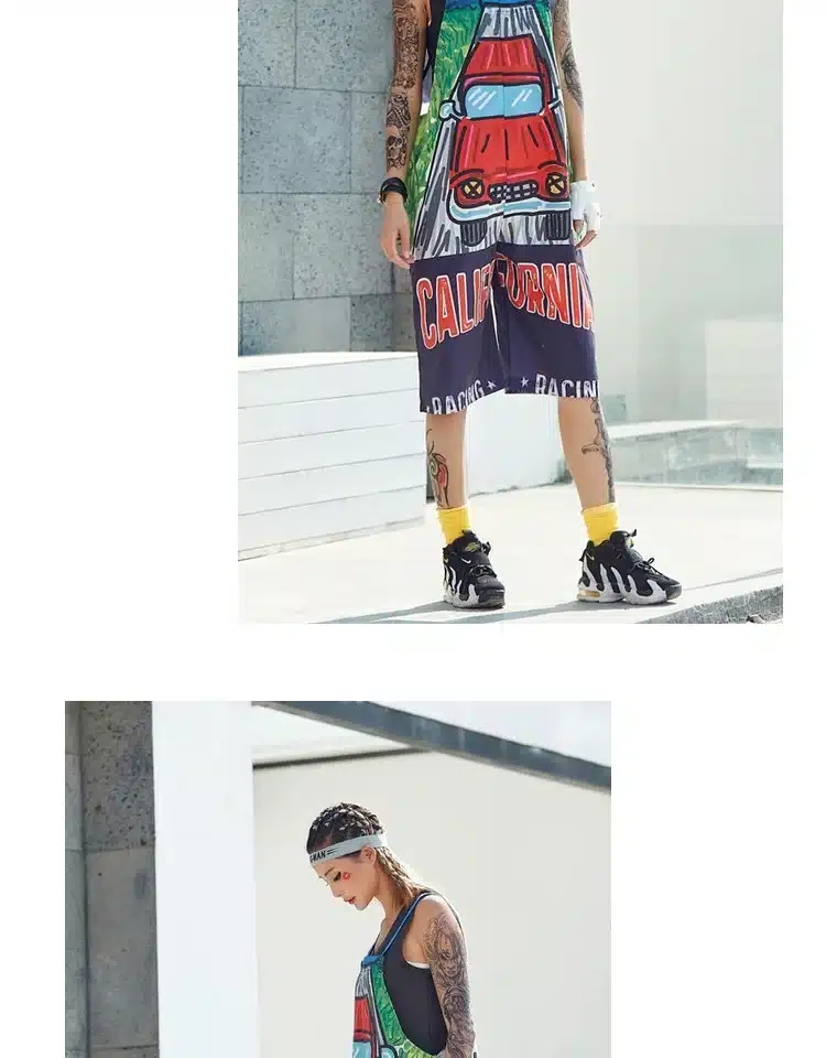 Pre-Sale 2018 Women Jumpsuits Overalls Off The Shoulder Strap Suspender Pants RACING Printed Hip Hop Dance Rompers Streetwear 14