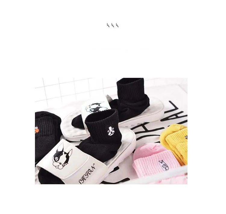 1 Pair Women Fashion Embroidery Dog Patterns Cotton Winter Socks Cute Cartoon Pug Bulldog Sock Female Animal Short Socks 4