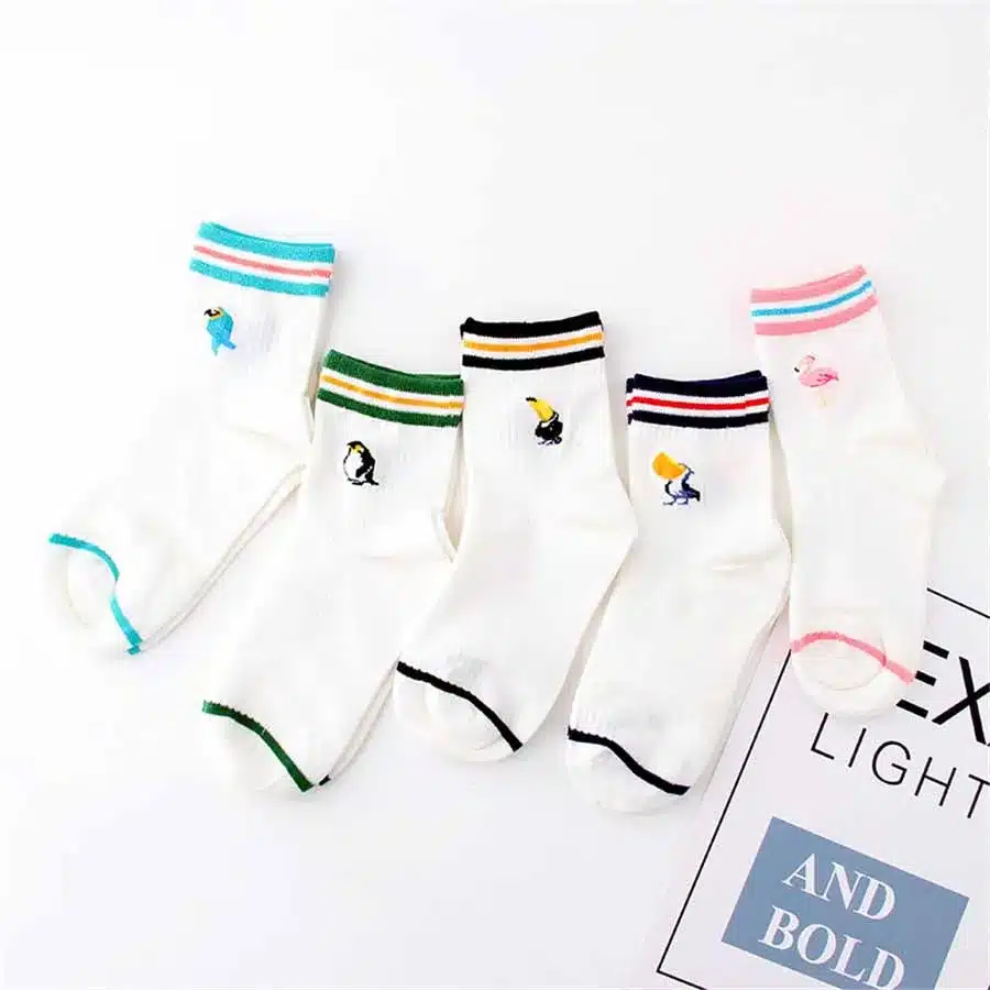 Fashion Cartoon Jacquard Flamingo Socks Women White Cute Animals Embroidery Birds Pattern Funny Socks Winter Harajuku Art meias 5