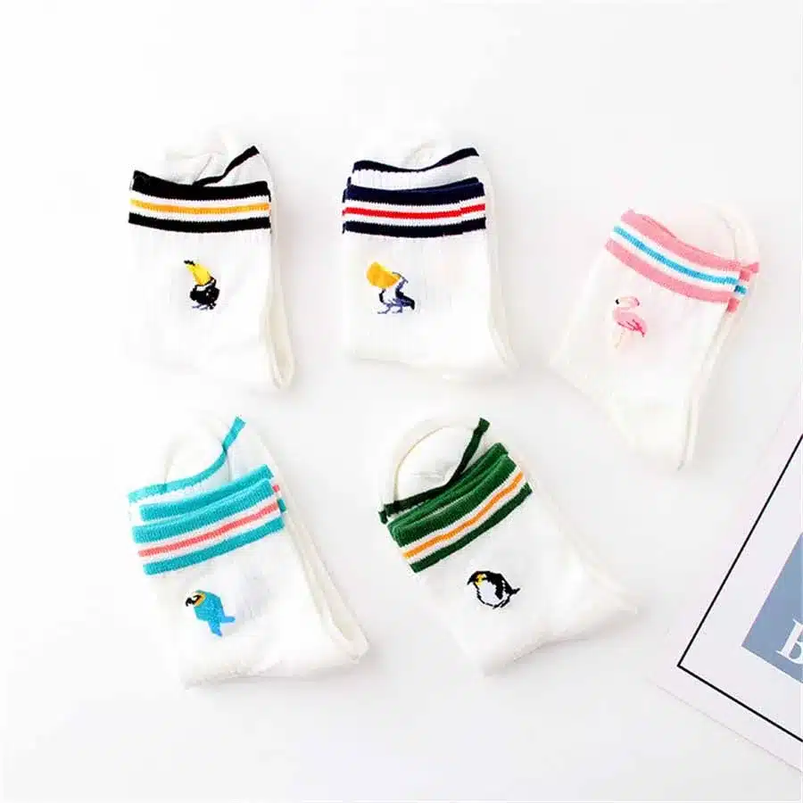 Fashion Cartoon Jacquard Flamingo Socks Women White Cute Animals Embroidery Birds Pattern Funny Socks Winter Harajuku Art meias 6
