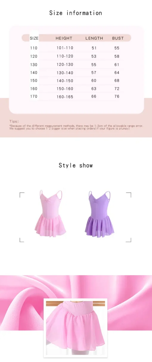 Roosa ja lilla volangidega tantsukleit tüdrukutele, mis on valmistatud pehmest ja venivast materjalist, taustal suurendatud kangaste detail.