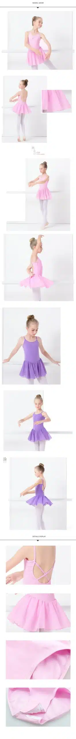 Tütarlaps pastelse roosa volangidega tantsukleidis, taustal valge sein. Kleit sobib suurepäraselt tantsimiseks ja võimlemiseks, pakkudes liikumisvabadust ja stiilset välimust.
