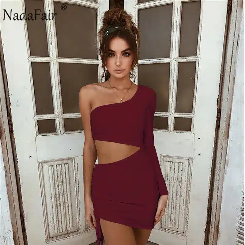 Nadafair one shoulder solid sexy bodycon autumn dresses women wrap ruched lace up mini winter dress hollow out club party dress 18
