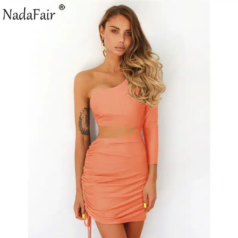 Nadafair one shoulder solid sexy bodycon autumn dresses women wrap ruched lace up mini winter dress hollow out club party dress 23