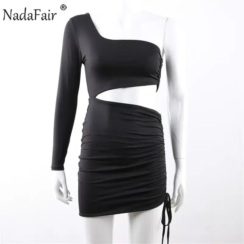 Nadafair one shoulder solid sexy bodycon autumn dresses women wrap ruched lace up mini winter dress hollow out club party dress 28