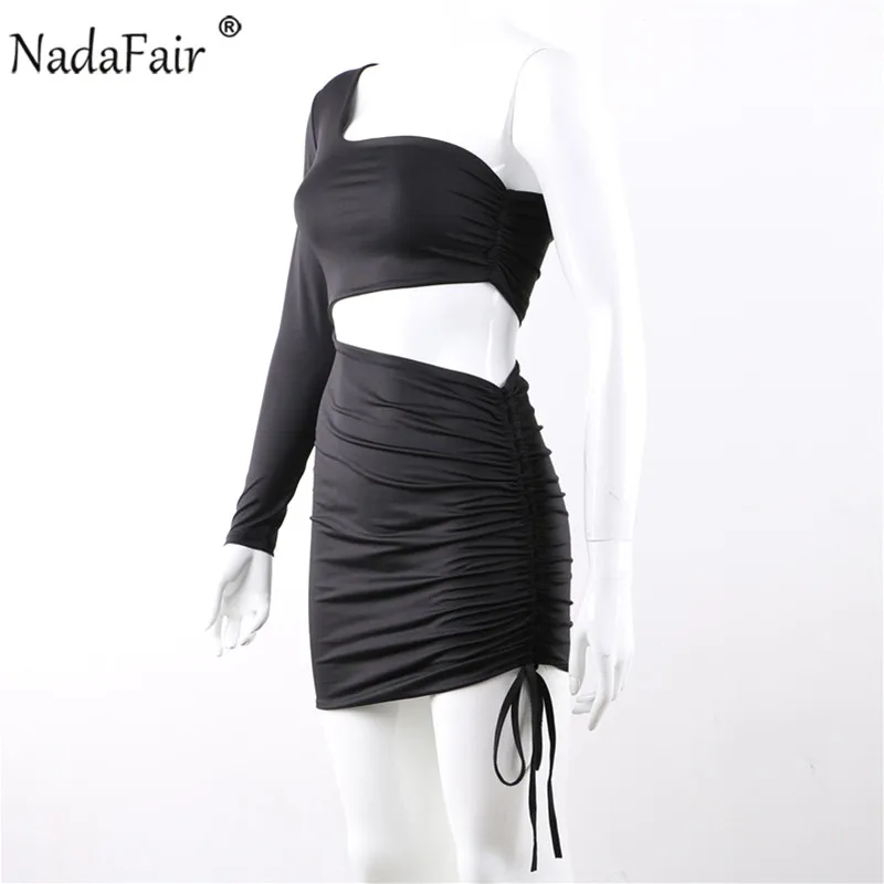 Nadafair one shoulder solid sexy bodycon autumn dresses women wrap ruched lace up mini winter dress hollow out club party dress 29