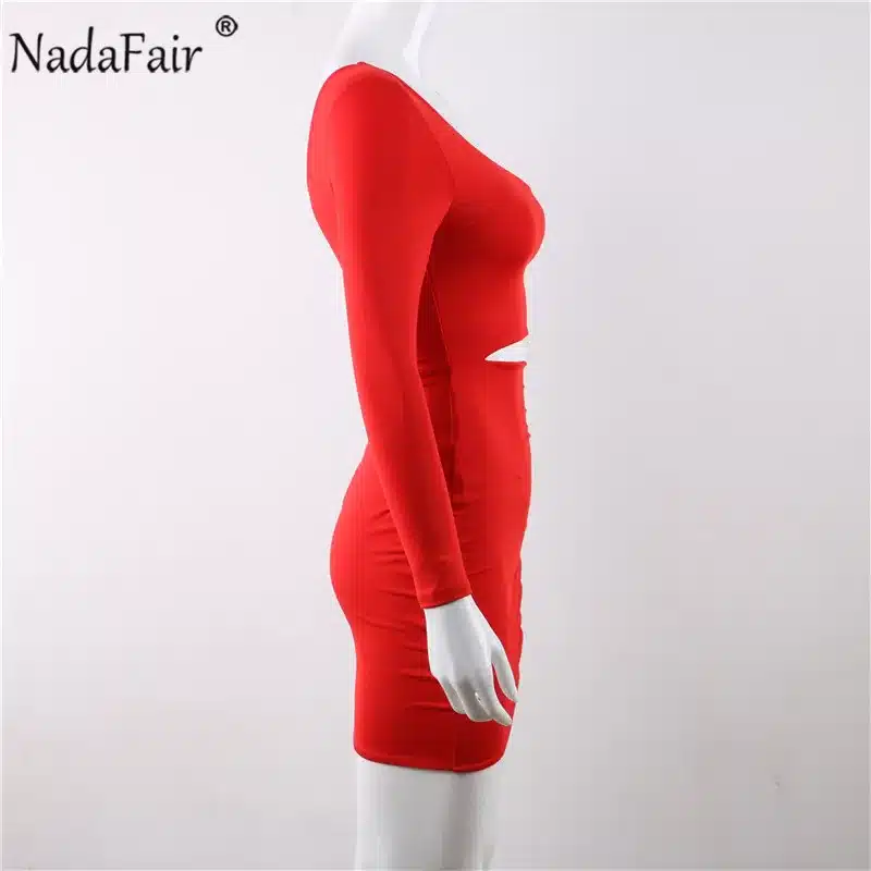 Nadafair one shoulder solid sexy bodycon autumn dresses women wrap ruched lace up mini winter dress hollow out club party dress 34