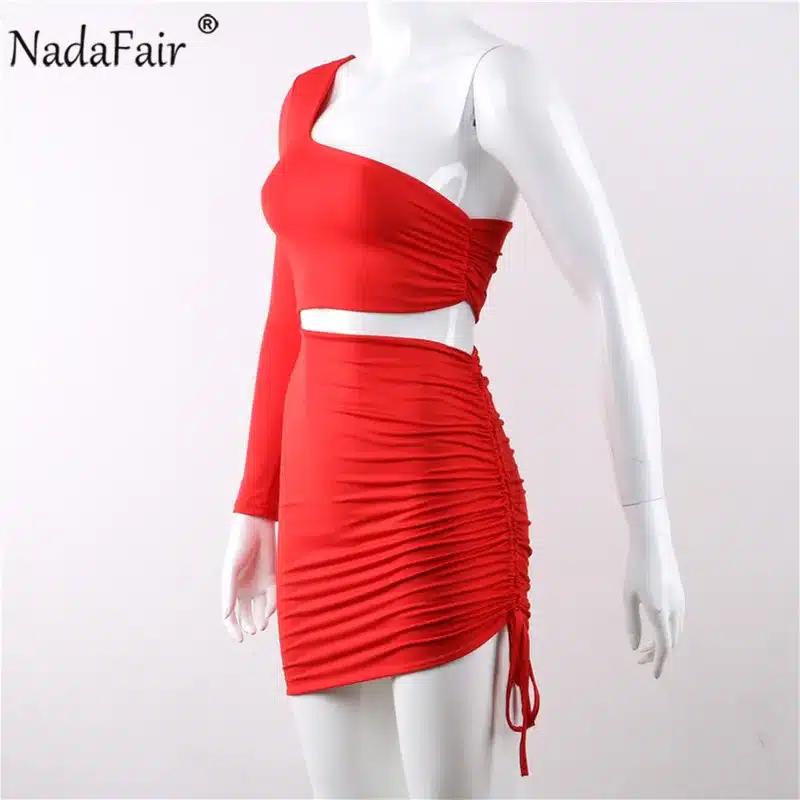 Nadafair one shoulder solid sexy bodycon autumn dresses women wrap ruched lace up mini winter dress hollow out club party dress 35