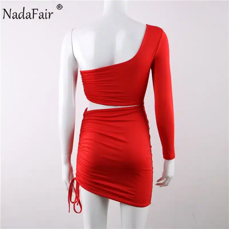 Nadafair one shoulder solid sexy bodycon autumn dresses women wrap ruched lace up mini winter dress hollow out club party dress 36