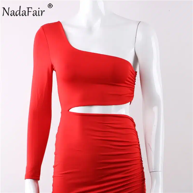 Nadafair one shoulder solid sexy bodycon autumn dresses women wrap ruched lace up mini winter dress hollow out club party dress 37