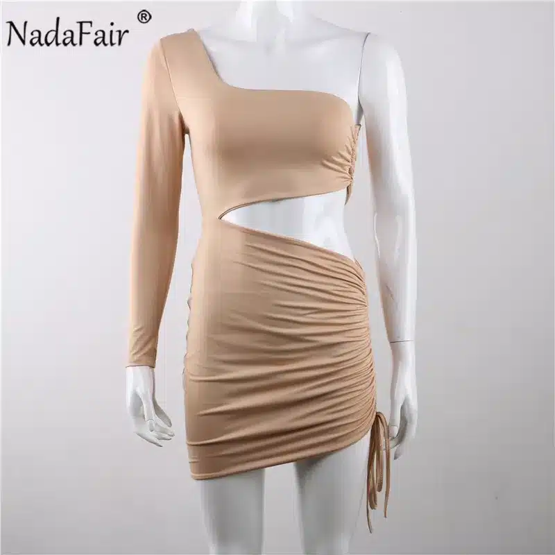 Nadafair one shoulder solid sexy bodycon autumn dresses women wrap ruched lace up mini winter dress hollow out club party dress 41