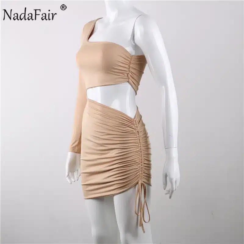 Nadafair one shoulder solid sexy bodycon autumn dresses women wrap ruched lace up mini winter dress hollow out club party dress 43