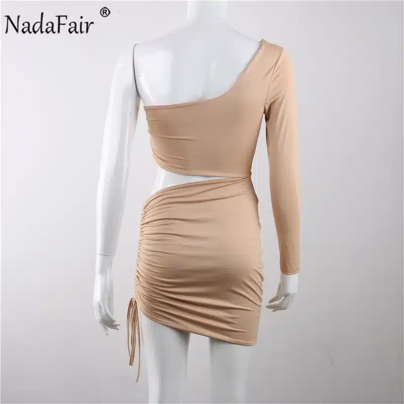 Nadafair one shoulder solid sexy bodycon autumn dresses women wrap ruched lace up mini winter dress hollow out club party dress 44
