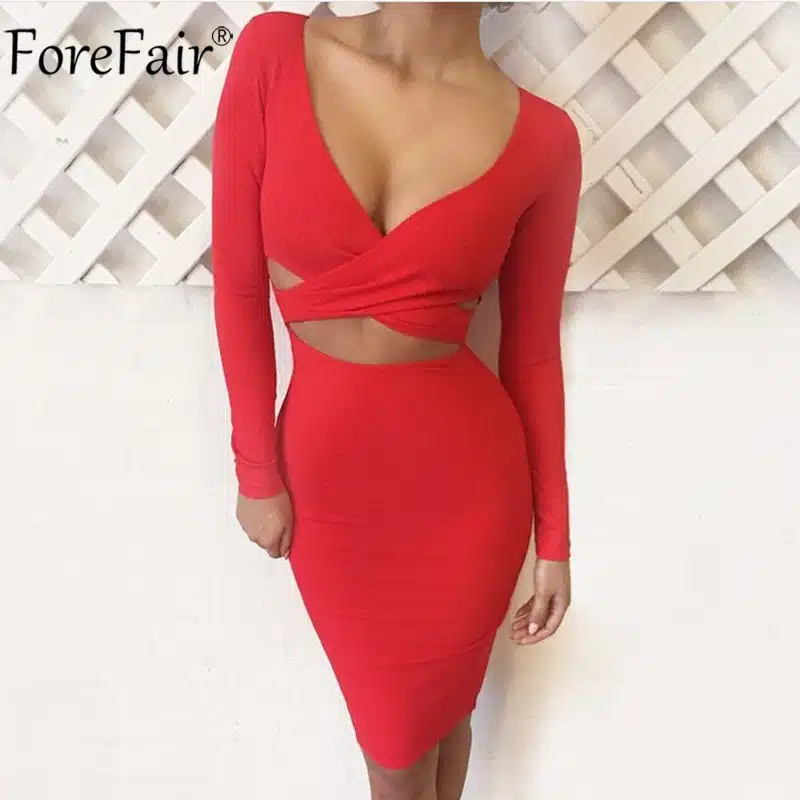ForeFair Long Sleeve Bandage Bodycon Midi Dress Women Elastic Cotton Elegant Sexy Bodycon Party Dresses White Winter Dress 13