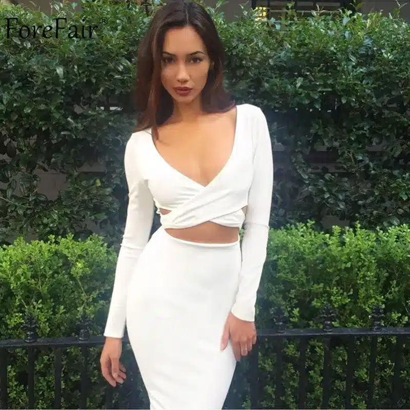 ForeFair Long Sleeve Bandage Bodycon Midi Dress Women Elastic Cotton Elegant Sexy Bodycon Party Dresses White Winter Dress 19