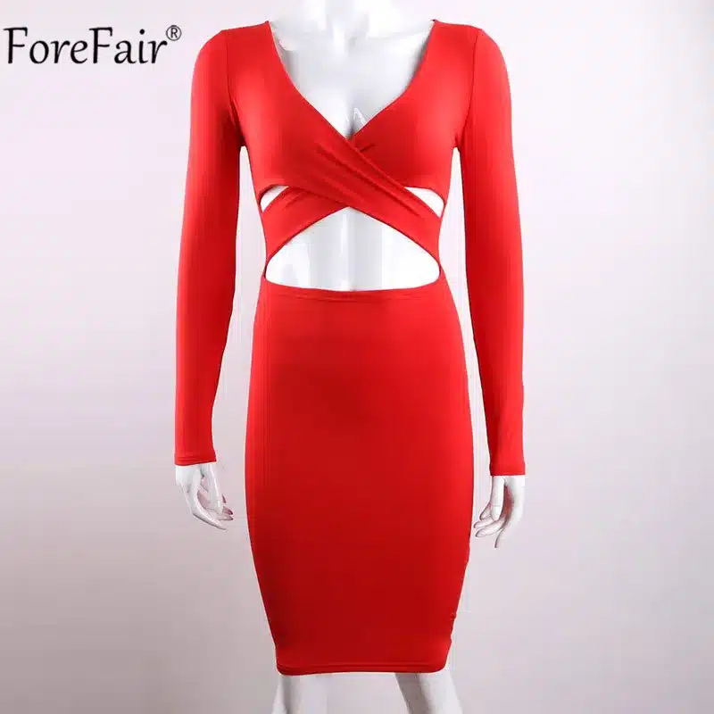 ForeFair Long Sleeve Bandage Bodycon Midi Dress Women Elastic Cotton Elegant Sexy Bodycon Party Dresses White Winter Dress 26