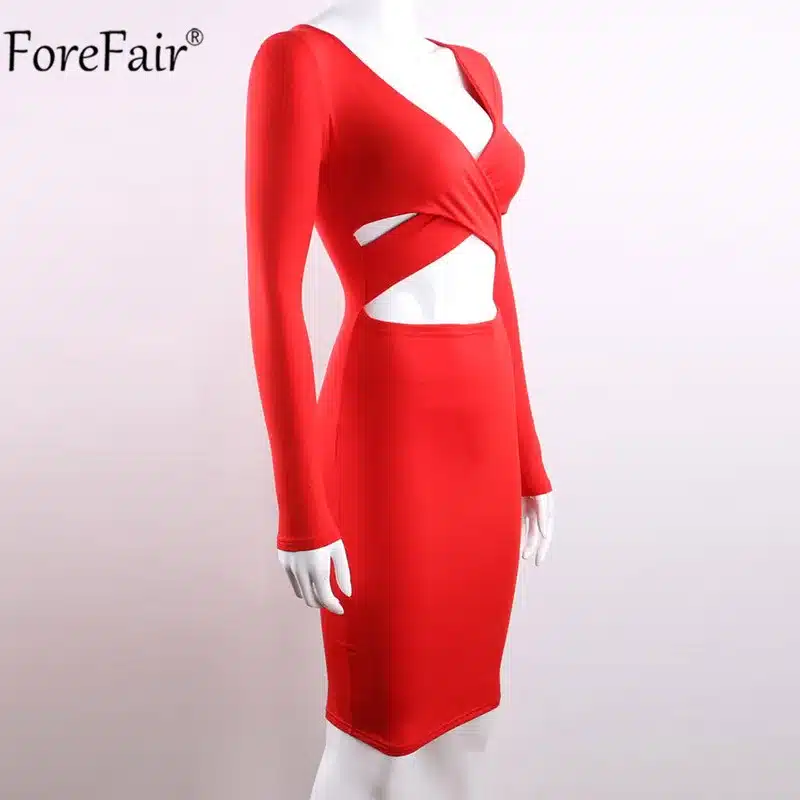 ForeFair Long Sleeve Bandage Bodycon Midi Dress Women Elastic Cotton Elegant Sexy Bodycon Party Dresses White Winter Dress 27