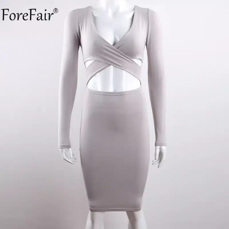 ForeFair Long Sleeve Bandage Bodycon Midi Dress Women Elastic Cotton Elegant Sexy Bodycon Party Dresses White Winter Dress 37