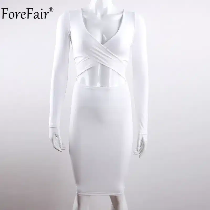 ForeFair Long Sleeve Bandage Bodycon Midi Dress Women Elastic Cotton Elegant Sexy Bodycon Party Dresses White Winter Dress 39