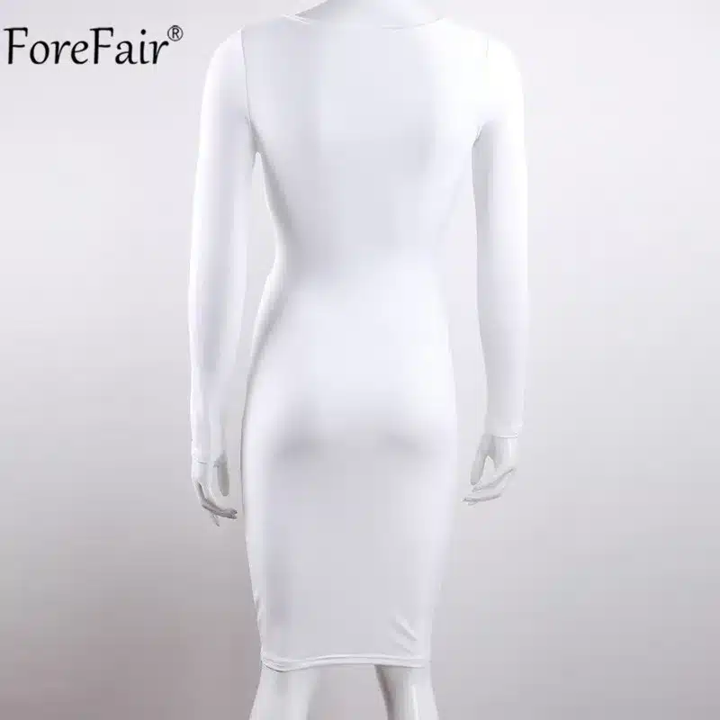 ForeFair Long Sleeve Bandage Bodycon Midi Dress Women Elastic Cotton Elegant Sexy Bodycon Party Dresses White Winter Dress 40