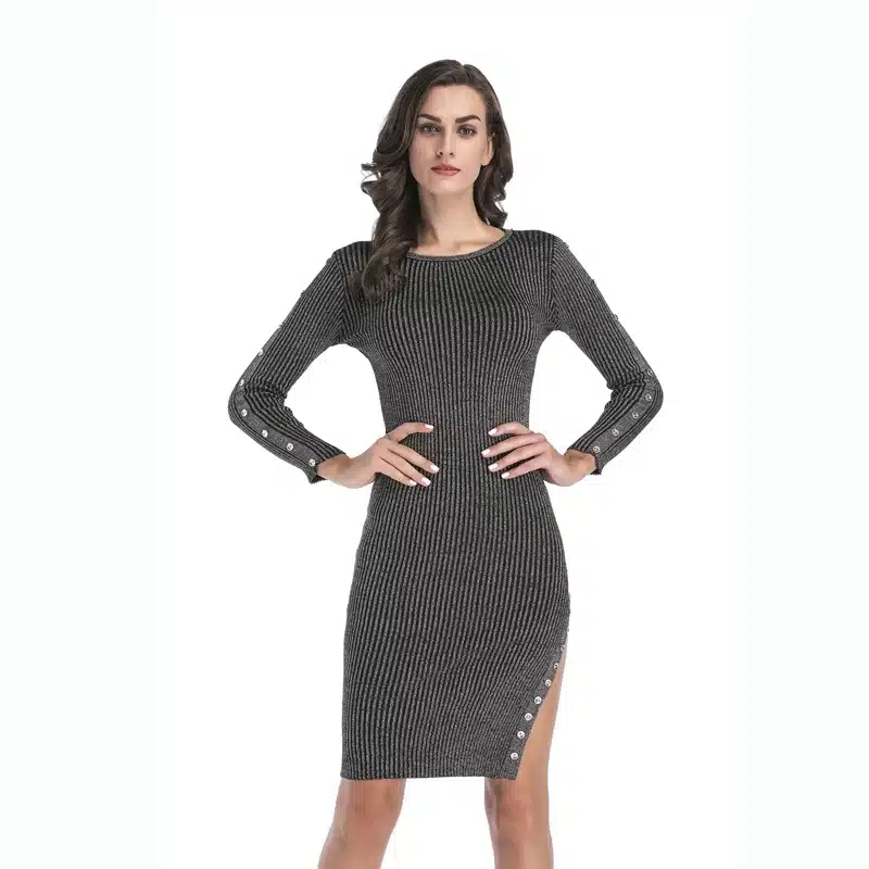 2018 Autumn Winter Dresses Women O-Neck Long Sleeve Casual Slim Knitted Sweater Side Split Button Package Hip Pencil Dress 3