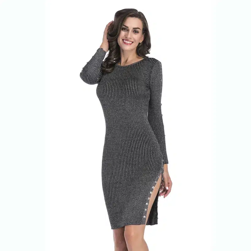 2018 Autumn Winter Dresses Women O-Neck Long Sleeve Casual Slim Knitted Sweater Side Split Button Package Hip Pencil Dress 4