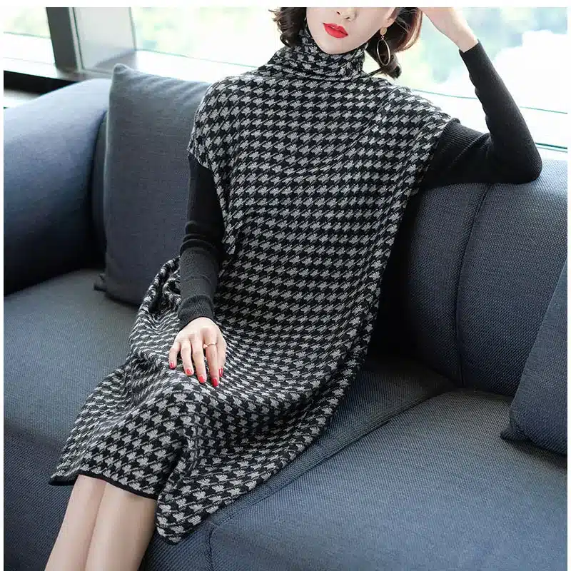 Plus Size Women Black Houndstooth Knitting Stretch Sweater Dress 2018 Winter Female Dresses Vestido Clothing Robes 11