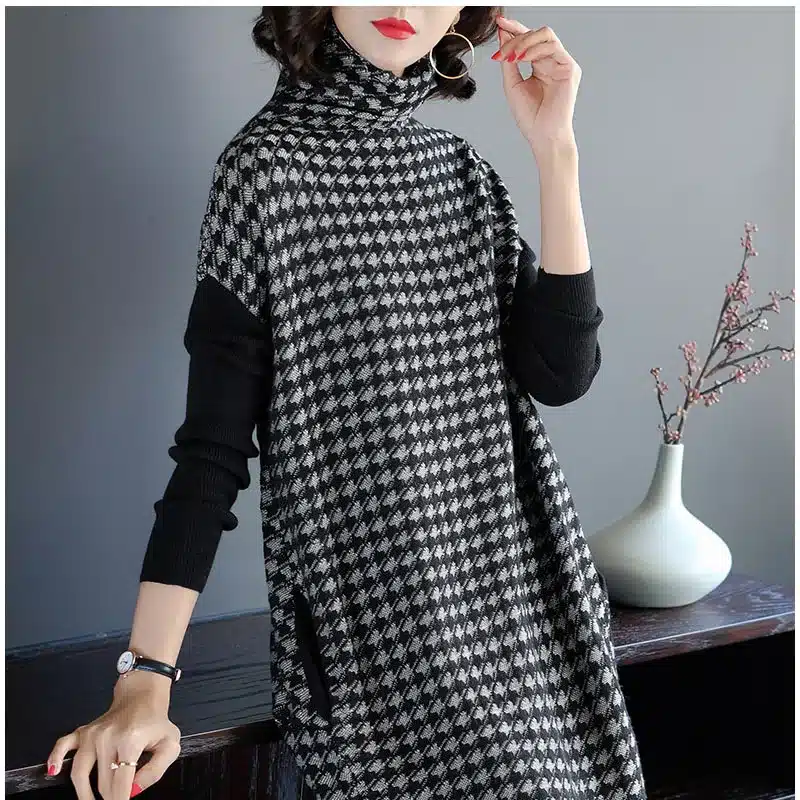 Plus Size Women Black Houndstooth Knitting Stretch Sweater Dress 2018 Winter Female Dresses Vestido Clothing Robes 12