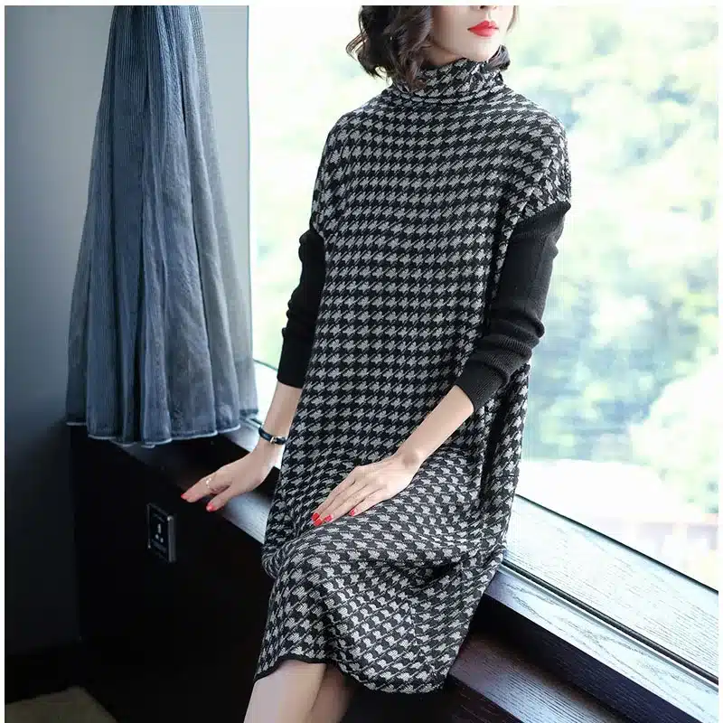 Plus Size Women Black Houndstooth Knitting Stretch Sweater Dress 2018 Winter Female Dresses Vestido Clothing Robes 14