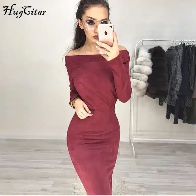 Hugcitar Suede Long Sleeve off shoulder Women mid-calf Dress 2017 Autumn Winter Female sexy Bodycon new year party Dresses 5