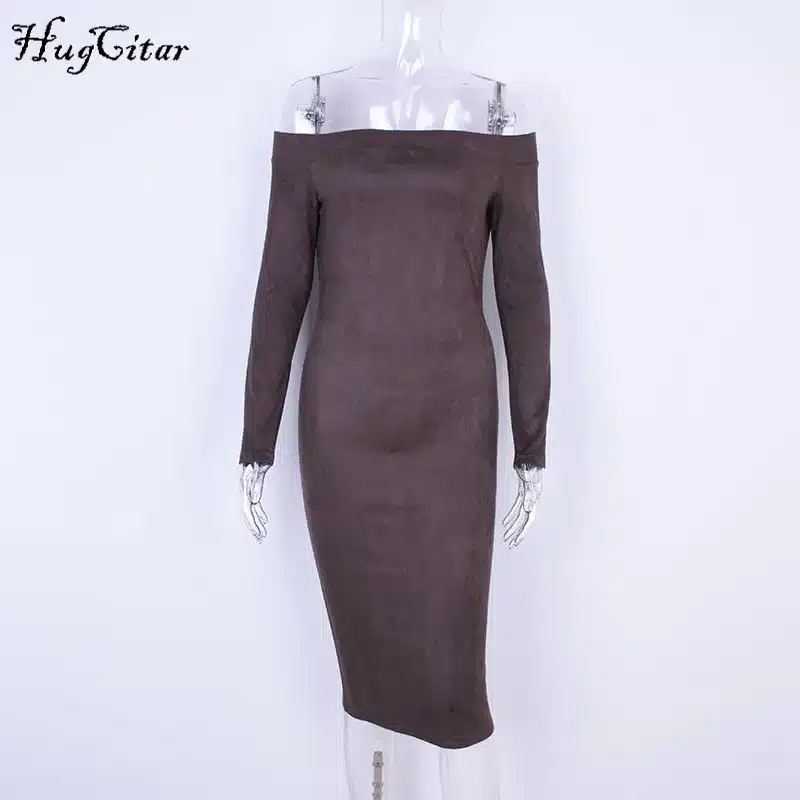 Hugcitar Suede Long Sleeve off shoulder Women mid-calf Dress 2017 Autumn Winter Female sexy Bodycon new year party Dresses 9