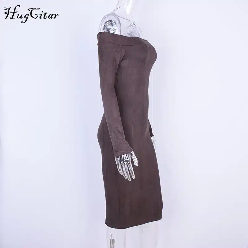 Hugcitar Suede Long Sleeve off shoulder Women mid-calf Dress 2017 Autumn Winter Female sexy Bodycon new year party Dresses 10
