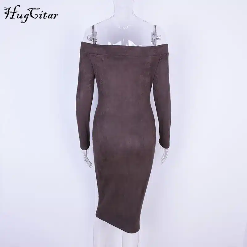 Hugcitar Suede Long Sleeve off shoulder Women mid-calf Dress 2017 Autumn Winter Female sexy Bodycon new year party Dresses 11