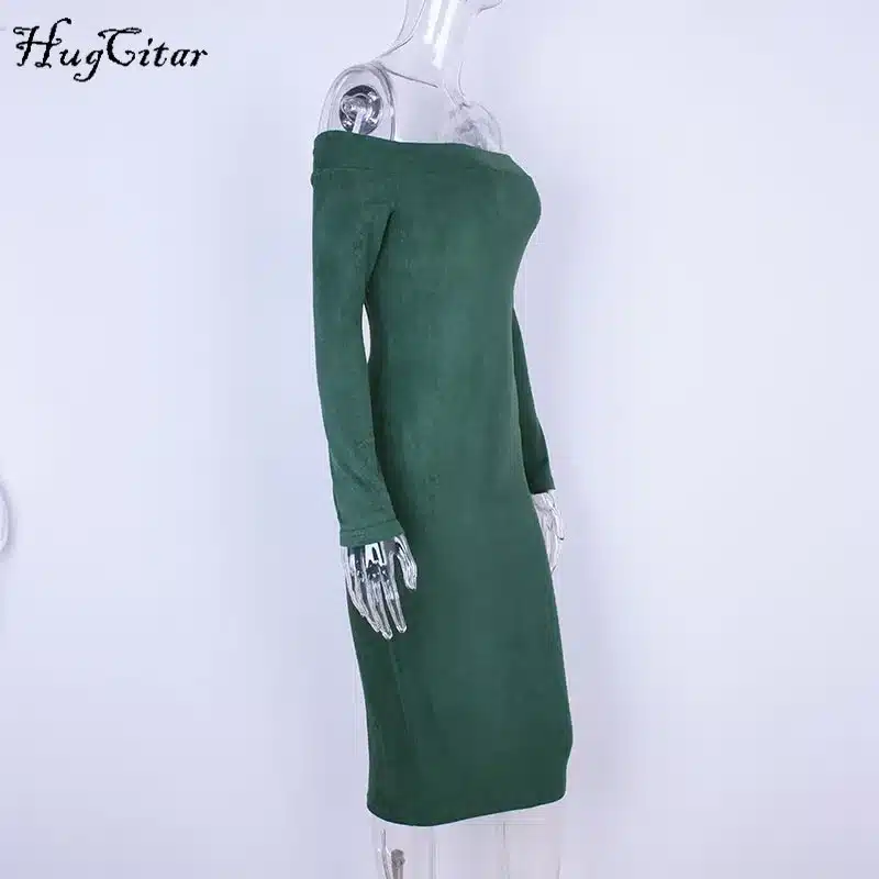 Hugcitar Suede Long Sleeve off shoulder Women mid-calf Dress 2017 Autumn Winter Female sexy Bodycon new year party Dresses 17