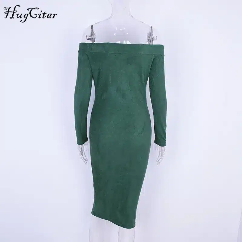 Hugcitar Suede Long Sleeve off shoulder Women mid-calf Dress 2017 Autumn Winter Female sexy Bodycon new year party Dresses 18