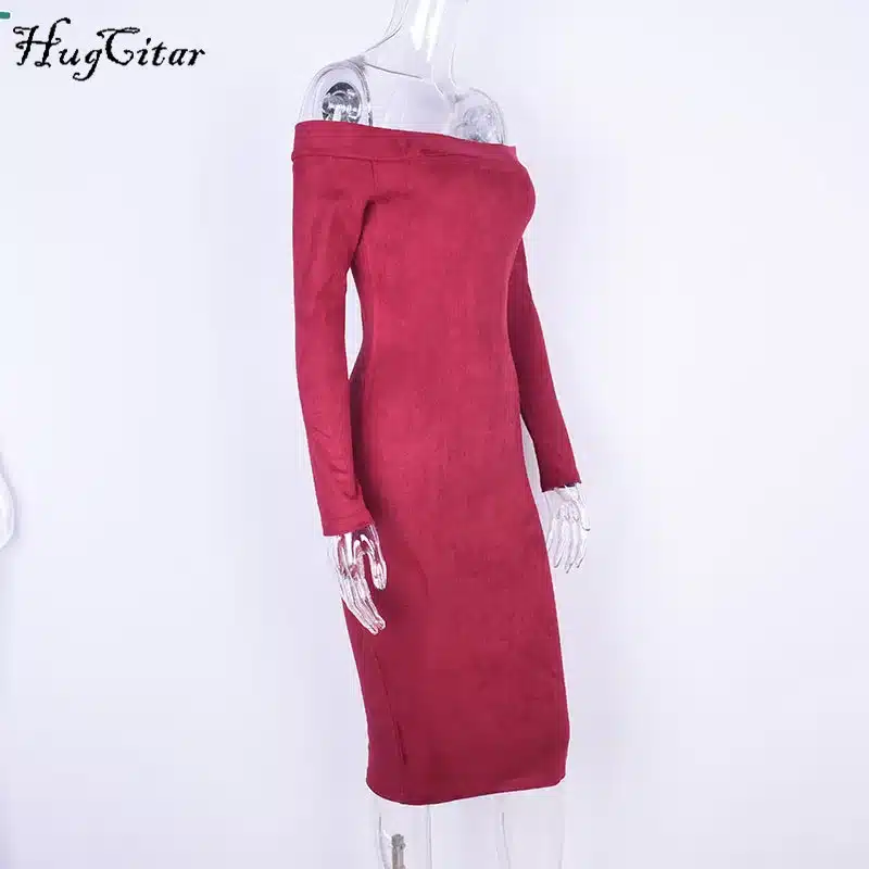 Hugcitar Suede Long Sleeve off shoulder Women mid-calf Dress 2017 Autumn Winter Female sexy Bodycon new year party Dresses 20