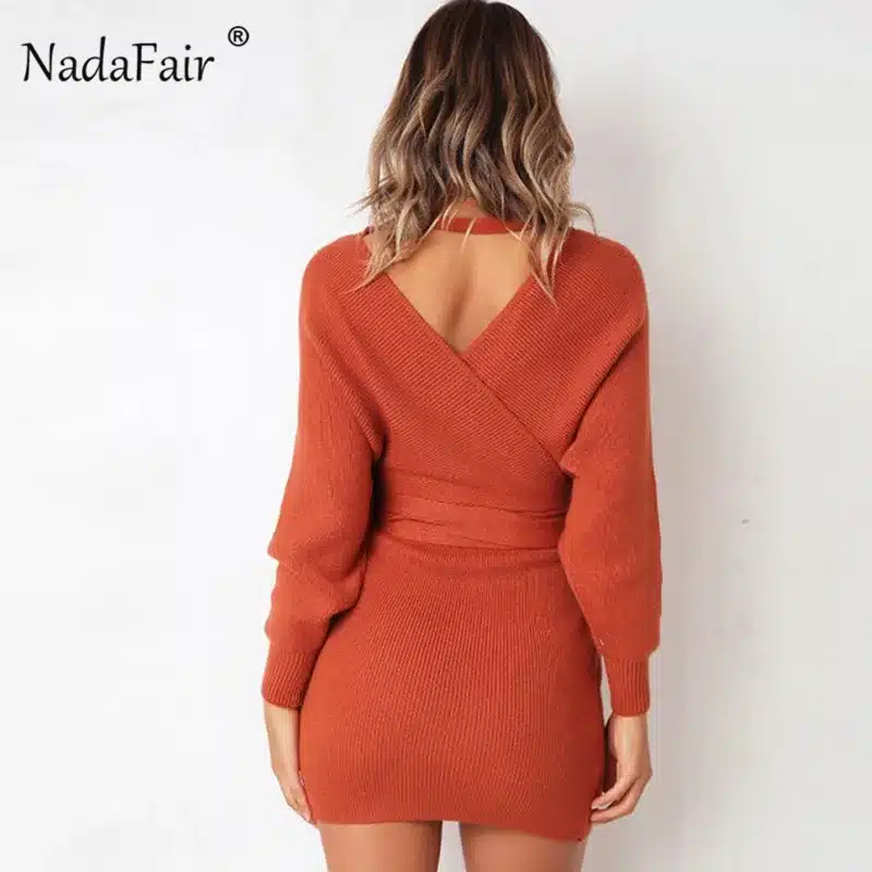 Nadafair 2018 long sleeve knitted sweater winter dresses women autumn v neck sash sexy bodycon mini dresses elegant robe pull 5
