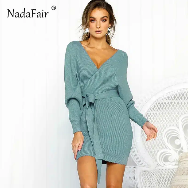 Nadafair 2018 long sleeve knitted sweater winter dresses women autumn v neck sash sexy bodycon mini dresses elegant robe pull 6