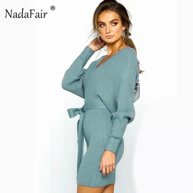 Nadafair 2018 long sleeve knitted sweater winter dresses women autumn v neck sash sexy bodycon mini dresses elegant robe pull 8