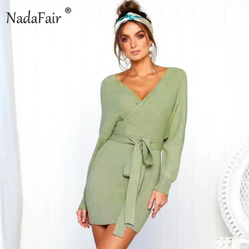 Nadafair 2018 long sleeve knitted sweater winter dresses women autumn v neck sash sexy bodycon mini dresses elegant robe pull 9