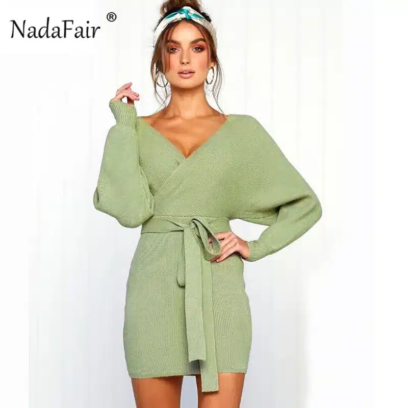 Nadafair 2018 long sleeve knitted sweater winter dresses women autumn v neck sash sexy bodycon mini dresses elegant robe pull 10