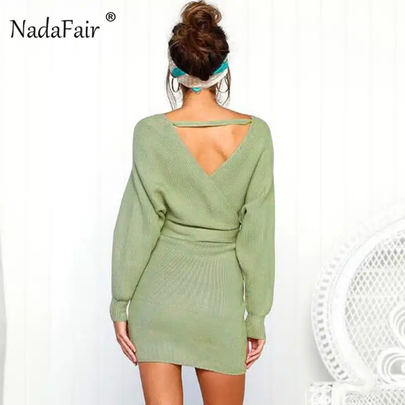 Nadafair 2018 long sleeve knitted sweater winter dresses women autumn v neck sash sexy bodycon mini dresses elegant robe pull 11