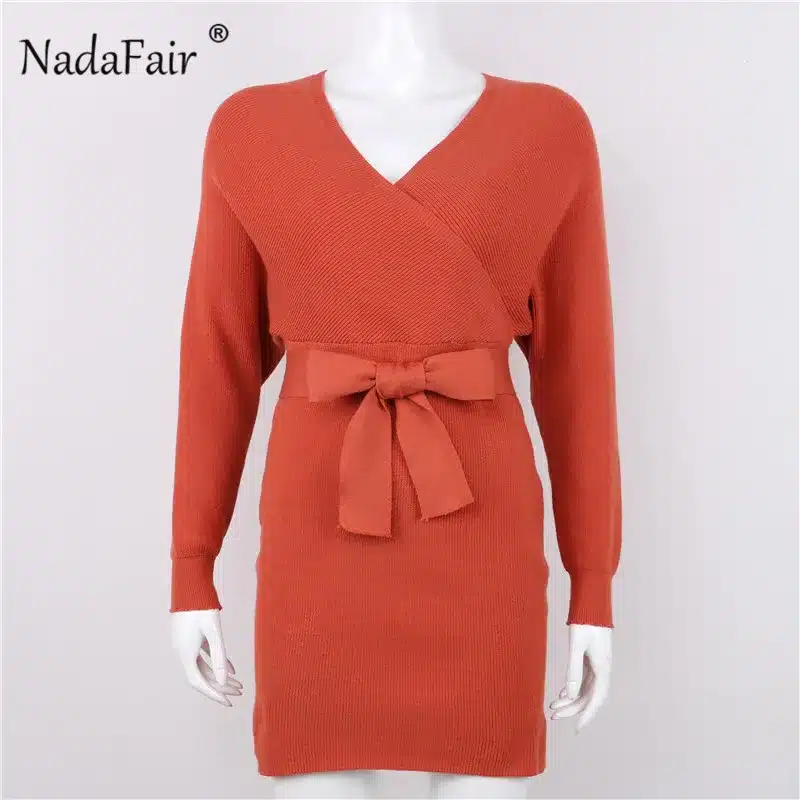 Nadafair 2018 long sleeve knitted sweater winter dresses women autumn v neck sash sexy bodycon mini dresses elegant robe pull 12
