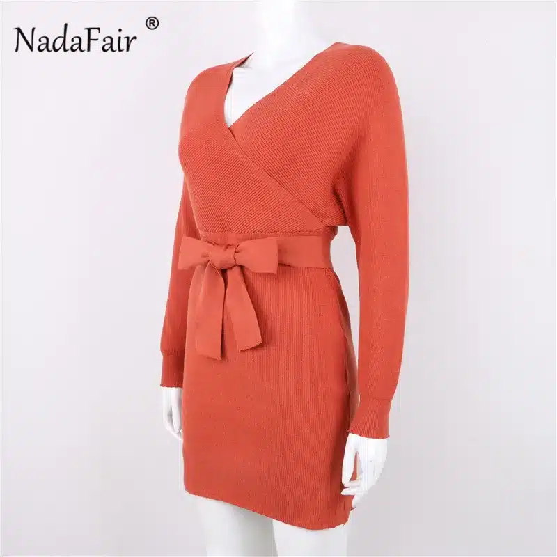 Nadafair 2018 long sleeve knitted sweater winter dresses women autumn v neck sash sexy bodycon mini dresses elegant robe pull 13