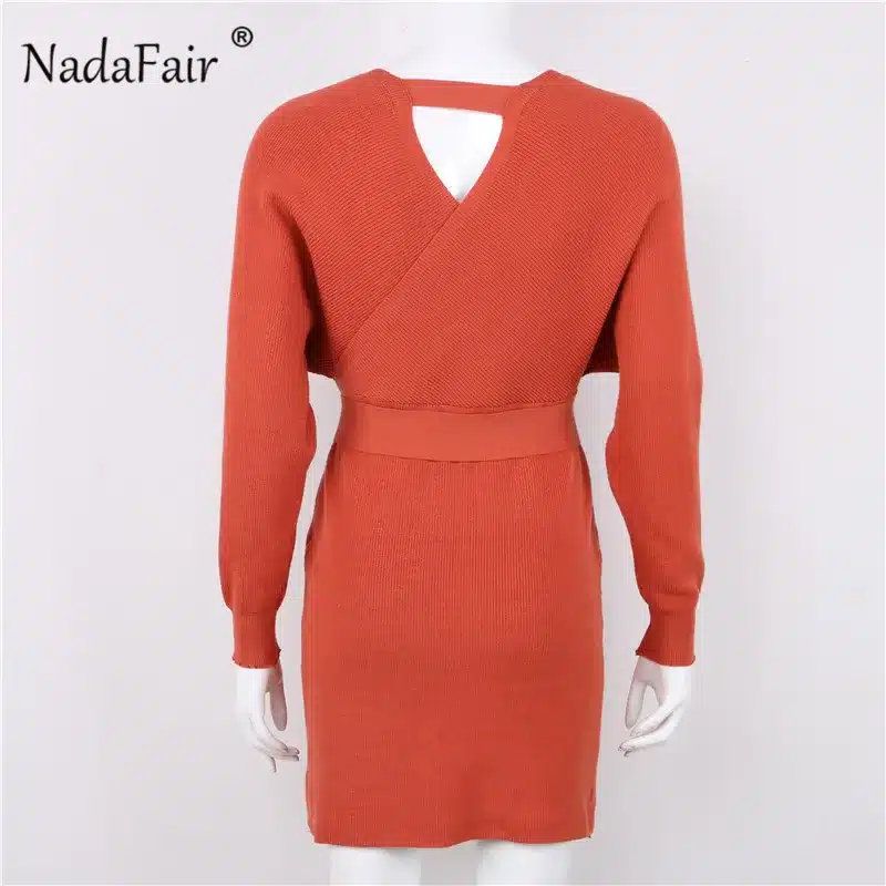 Nadafair 2018 long sleeve knitted sweater winter dresses women autumn v neck sash sexy bodycon mini dresses elegant robe pull 14