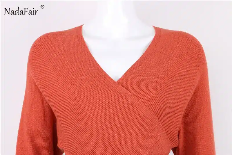 Nadafair 2018 long sleeve knitted sweater winter dresses women autumn v neck sash sexy bodycon mini dresses elegant robe pull 15