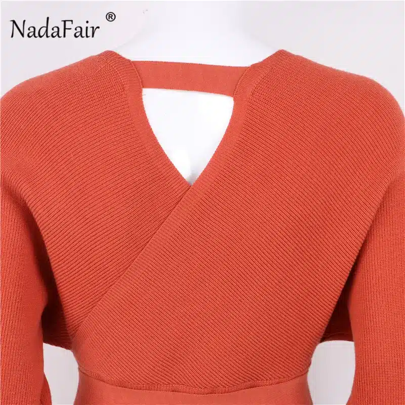 Nadafair 2018 long sleeve knitted sweater winter dresses women autumn v neck sash sexy bodycon mini dresses elegant robe pull 16