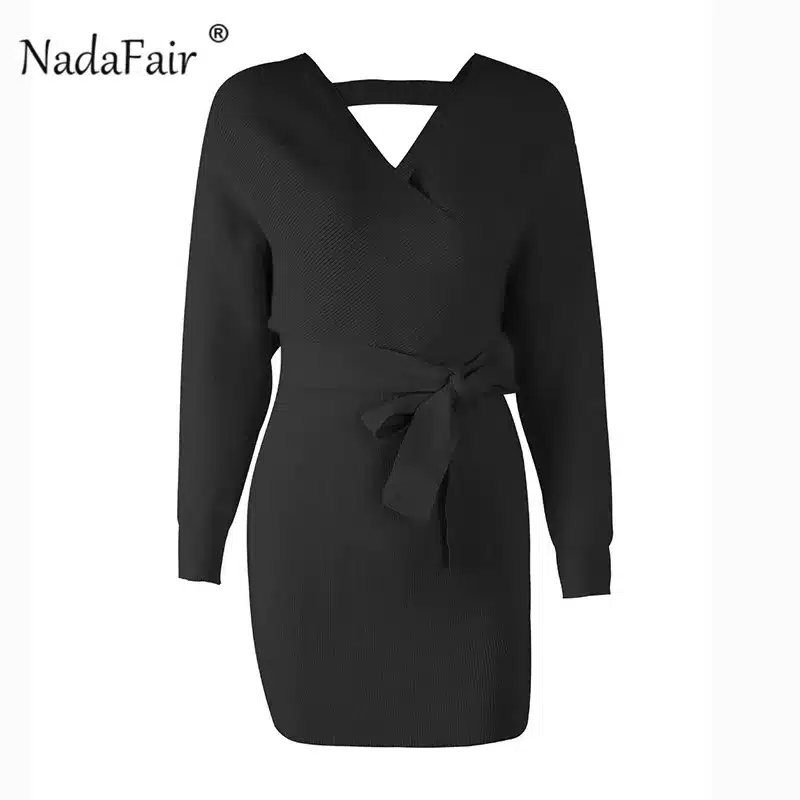 Nadafair 2018 long sleeve knitted sweater winter dresses women autumn v neck sash sexy bodycon mini dresses elegant robe pull 19