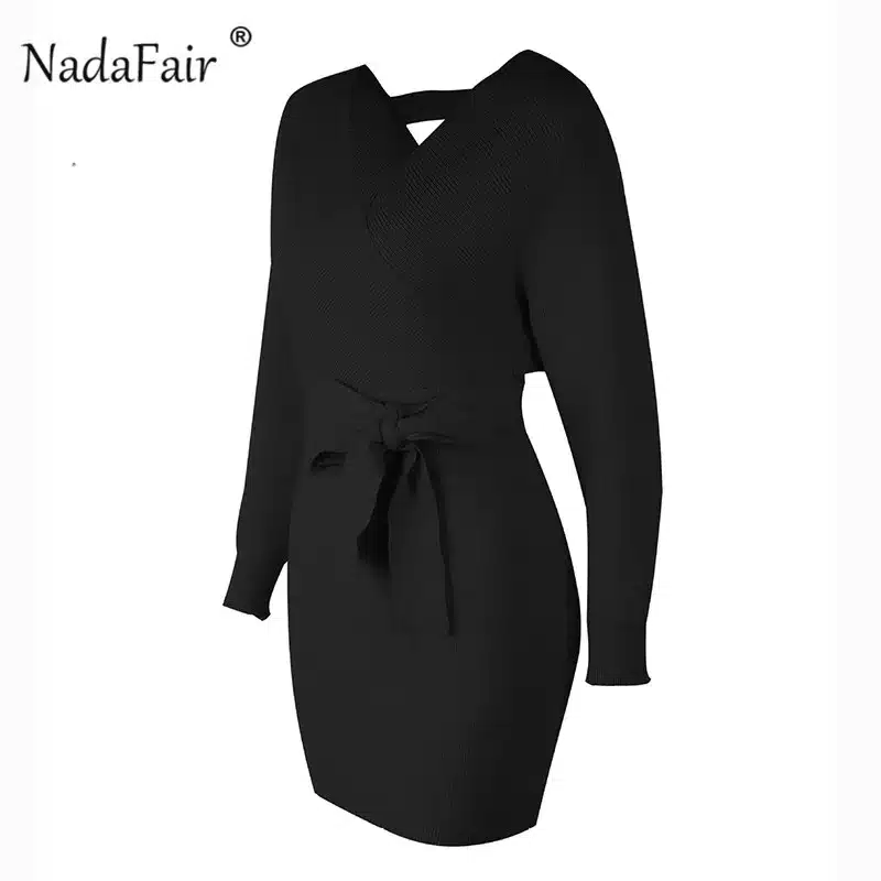 Nadafair 2018 long sleeve knitted sweater winter dresses women autumn v neck sash sexy bodycon mini dresses elegant robe pull 20